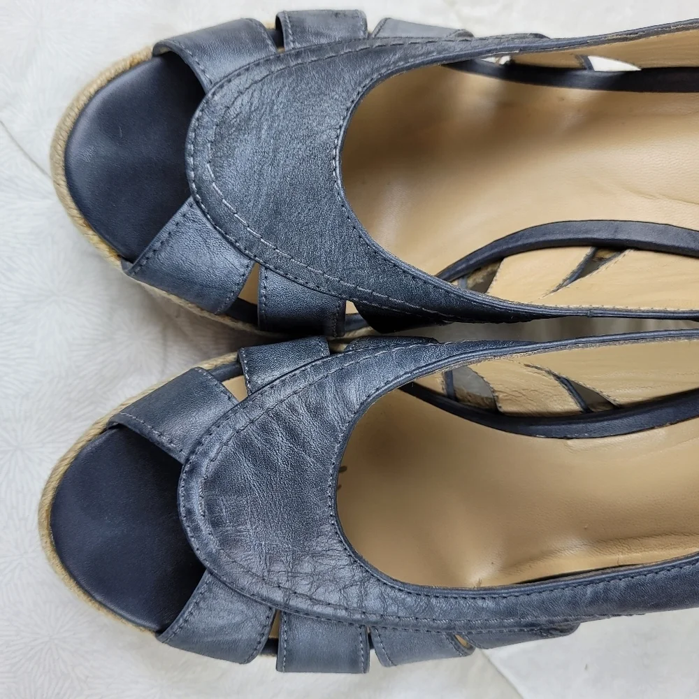 Franco Fortini denim blue leather sandals peep toe woven wedge beach boho chic 9